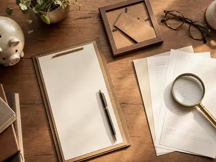 Swiss Life CH0014852781 Flatlay: Vorsorge-Unterlagen mit Vertrag, Sparbüchse, Brille und Lupe auf Eichenholz - Foto: THN