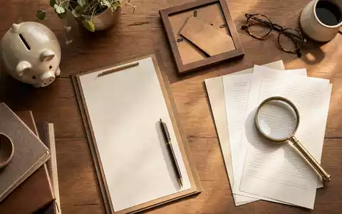 Swiss Life CH0014852781 Flatlay: Vorsorge-Unterlagen mit Vertrag, Sparbüchse, Brille und Lupe auf Eichenholz - Foto: THN