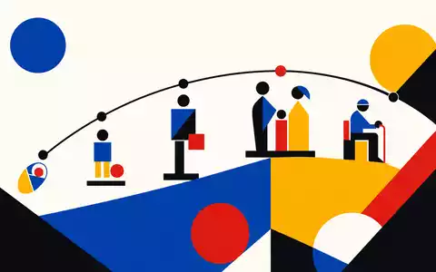 Swiss Life CH0014852781 Bauhaus-Poster: geometrischer Lebensbogen mit Lebensstationen in Primärfarben plus Schweizer Rot - Foto: THN