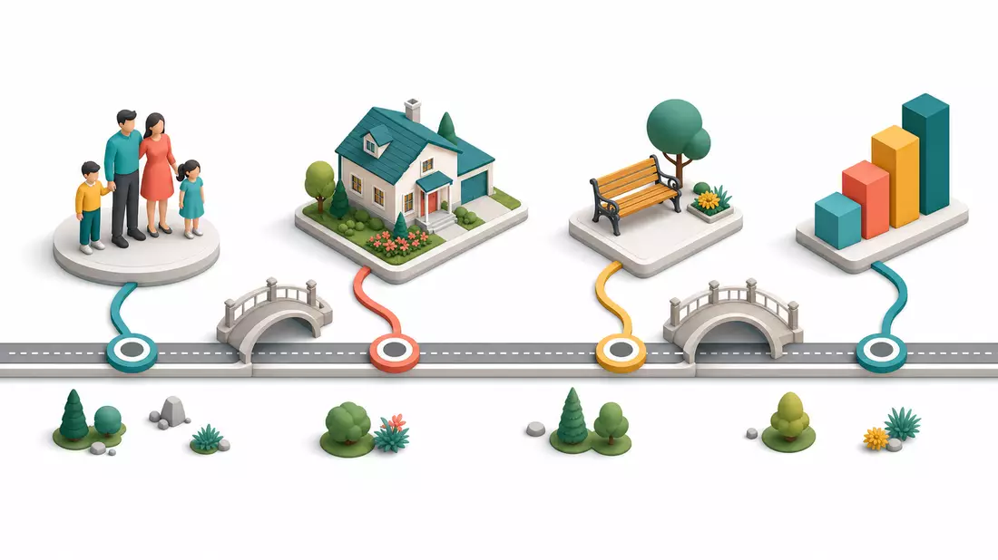 Isometric 3D illustration of a horizontal life timeline road, four milestone platforms connected by paths and bridges: a family of four figures, a miniature suburban house, a park bench under a tree, and colorful stacked investment bar charts, clean flat-