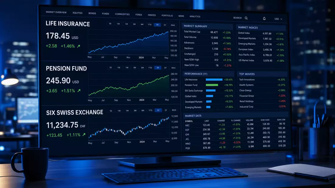 Financial terminal monitor in a dark office showing a blue-themed dashboard with bold headings LIFE 