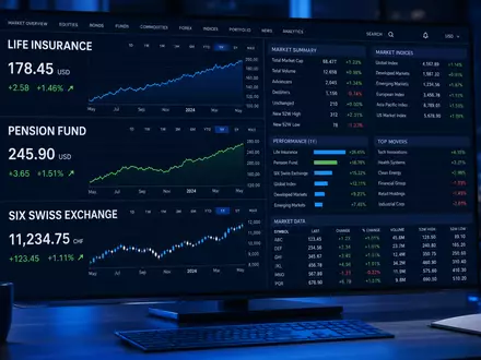 Swiss Life CH0014852781 Editorial: Finanzbildschirm zeigt LIFE INSURANCE PENSION SIX SWISS EXCHANGE Kurscharts - Foto: THN