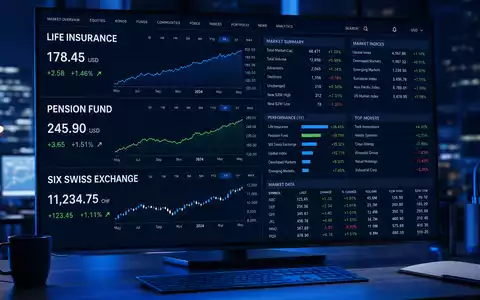 Swiss Life CH0014852781 Editorial: Finanzbildschirm zeigt LIFE INSURANCE PENSION SIX SWISS EXCHANGE Kurscharts - Foto: THN