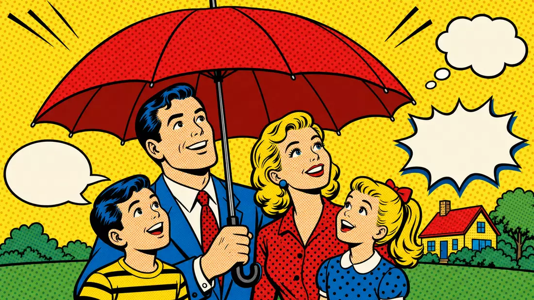 Bold retro pop art comic illustration of a cheerful American 1960s family of four sheltering under a large open red umbrella, halftone Ben-Day dot pattern on yellow background, thick black outlines, vivid flat red, blue, and green colors, blank speech bub
