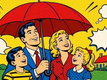 Swiss Life CH0014852781 Pop-Art: roter Regenschirm schützt stilisierte Familie mit Halftone-Punkten, Comic-Sicherheits-Symbol - Foto: THN