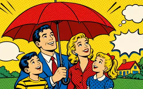 Swiss Life CH0014852781 Pop-Art: roter Regenschirm schützt stilisierte Familie mit Halftone-Punkten, Comic-Sicherheits-Symbol - Foto: THN