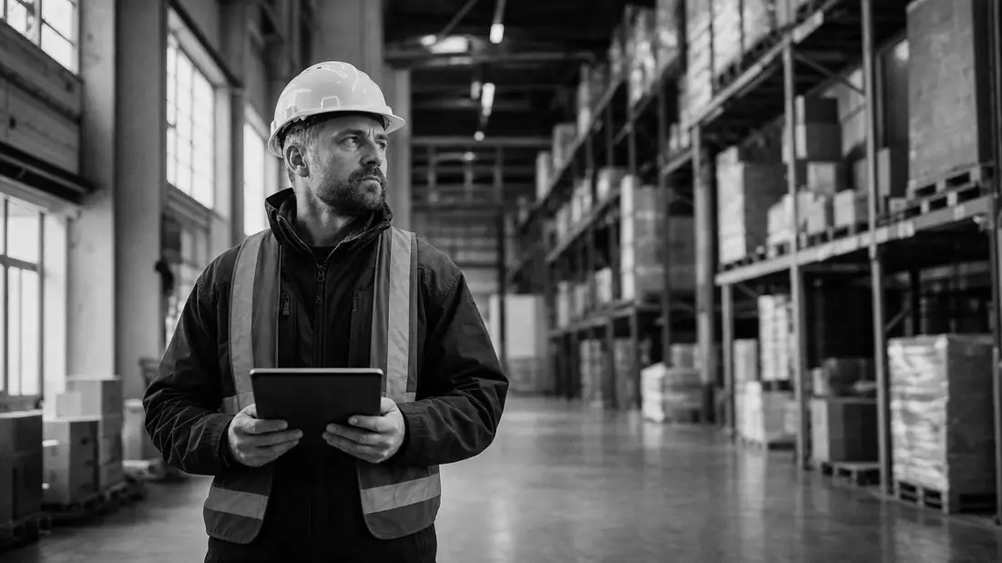 Black and white documentary warehouse photograph, logistics worker with hard hat holding tablet, tall metal shelving racks with pallets, natural side lighting