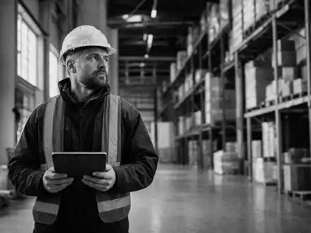 Kuehne Freight CH0025238863: Lagerarbeiter mit Tablet dokumentiert Warenbestände in einem großen Hochregallager - Foto: THN