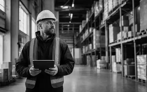 Kuehne Freight CH0025238863: Lagerarbeiter mit Tablet dokumentiert Warenbestände in einem großen Hochregallager - Foto: THN