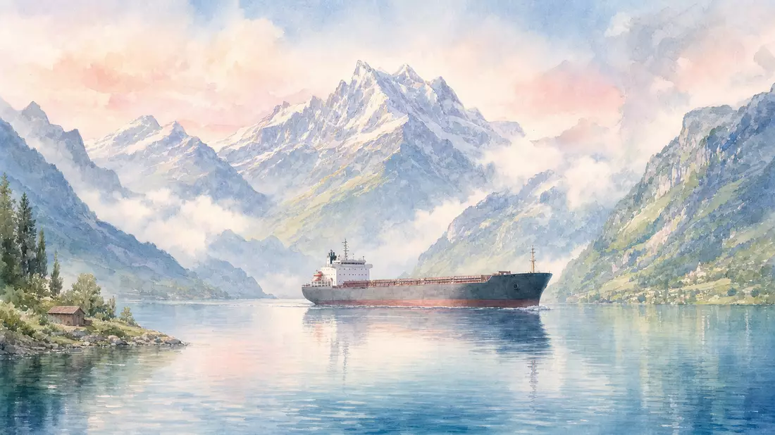 Watercolor painting of cargo ship on an alpine lake with snow-capped Swiss mountains, soft pastel tones blue rose sage green, impressionistic brushstrokes and morning mist