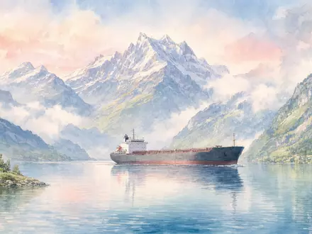 Kuehne Supply Chain CH0025238863: Aquarell eines Frachtschiffs vor malerischer Schweizer Alpenkulisse in Pastelltönen - Foto: THN