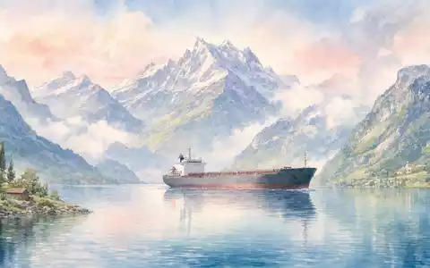 Kuehne Supply Chain CH0025238863: Aquarell eines Frachtschiffs vor malerischer Schweizer Alpenkulisse in Pastelltönen - Foto: THN