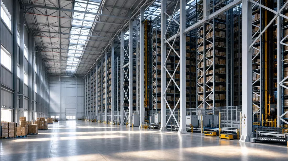 Architectural interior of modern high-bay automated warehouse, soaring steel lattice columns, daylight from skylights, deep automated racks to the ceiling
