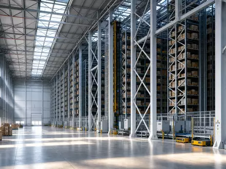 Kuehne Warehousing CH0025238863: Modernes Hochregallager mit massiver Stahlkonstruktion, Tageslicht und vollautomatisierten Regalen - Foto: THN