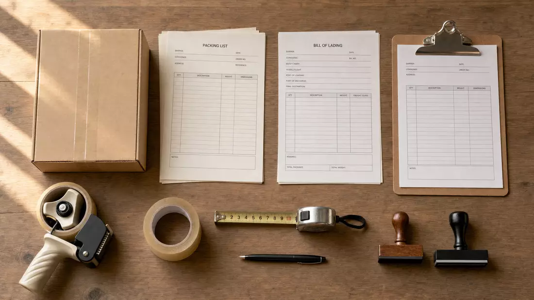 Flat lay overhead logistics tools on wood surface: freight documents, rubber stamps, measuring tape, cardboard box, packing tape dispenser, clipboard, warm side lighting