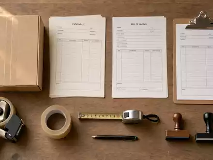Kuehne Forwarding CH0025238863: Neutrale Frachtpapiere, Stempel, Maßband, Karton und Klebeband auf Holz - Foto: THN