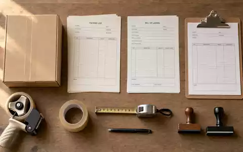 Kuehne Forwarding CH0025238863: Neutrale Frachtpapiere, Stempel, Maßband, Karton und Klebeband auf Holz - Foto: THN