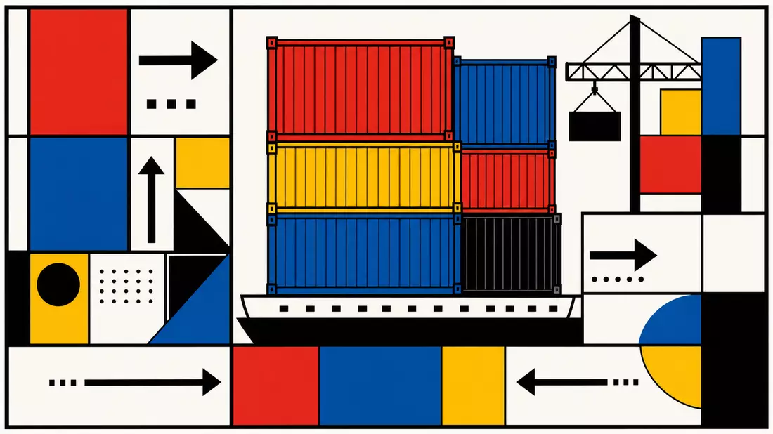 Bauhaus poster with geometric shipping containers as flat rectangles in red blue yellow on white, thick black outlines, bold directional arrows, no text