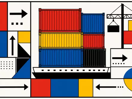 Kuehne Container Art CH0025238863: Bauhaus-Poster mit geometrischen Containern in Primärfarben und Richtungspfeilen - Foto: THN