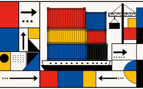 Kuehne Container Art CH0025238863: Bauhaus-Poster mit geometrischen Containern in Primärfarben und Richtungspfeilen - Foto: THN