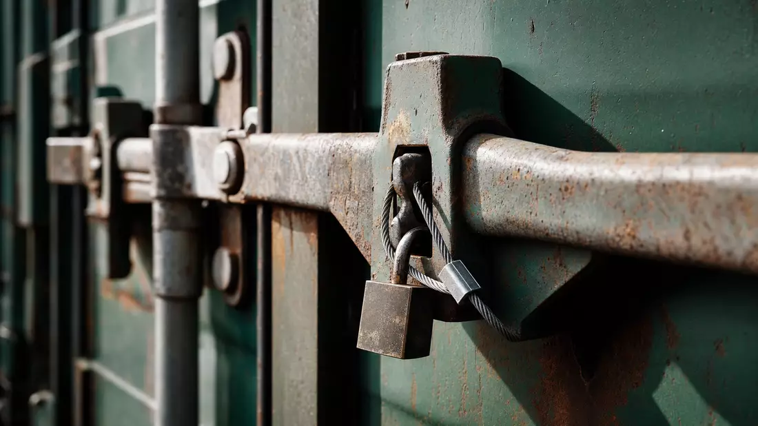 Extreme macro close-up of cargo container locking bars and security seal, weathered steel crossbar, rust texture, padlock and cable seal, shallow depth of field
