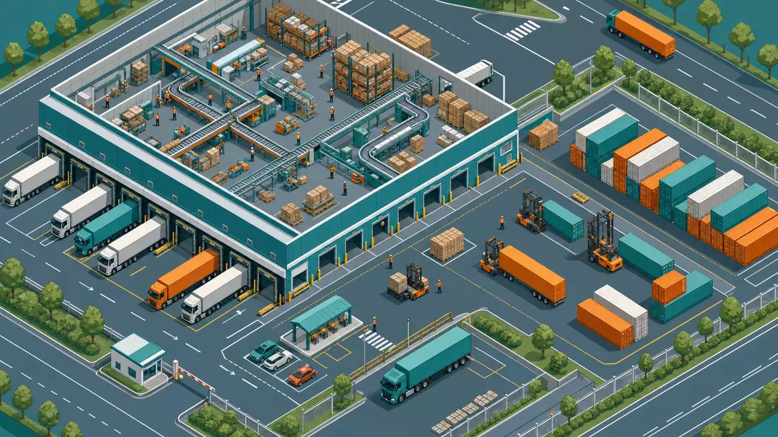 Isometric 3D illustration bird's eye view logistics hub with teal warehouse, loading docks, trucks, conveyor belts, stacked containers, forklifts, orange and teal palette