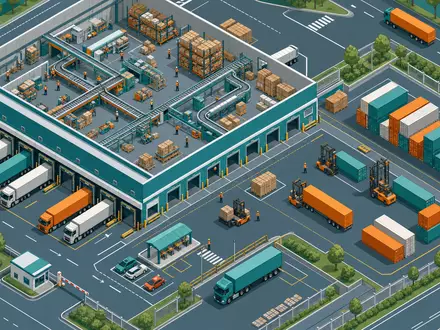 Kuehne Hub CH0025238863: Isometrische Illustration eines Logistikzentrums mit Lagerhalle, LKWs und Förderbändern - Foto: THN
