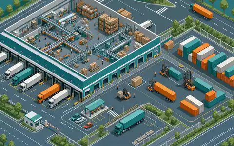 Kuehne Hub CH0025238863: Isometrische Illustration eines Logistikzentrums mit Lagerhalle, LKWs und Förderbändern - Foto: THN