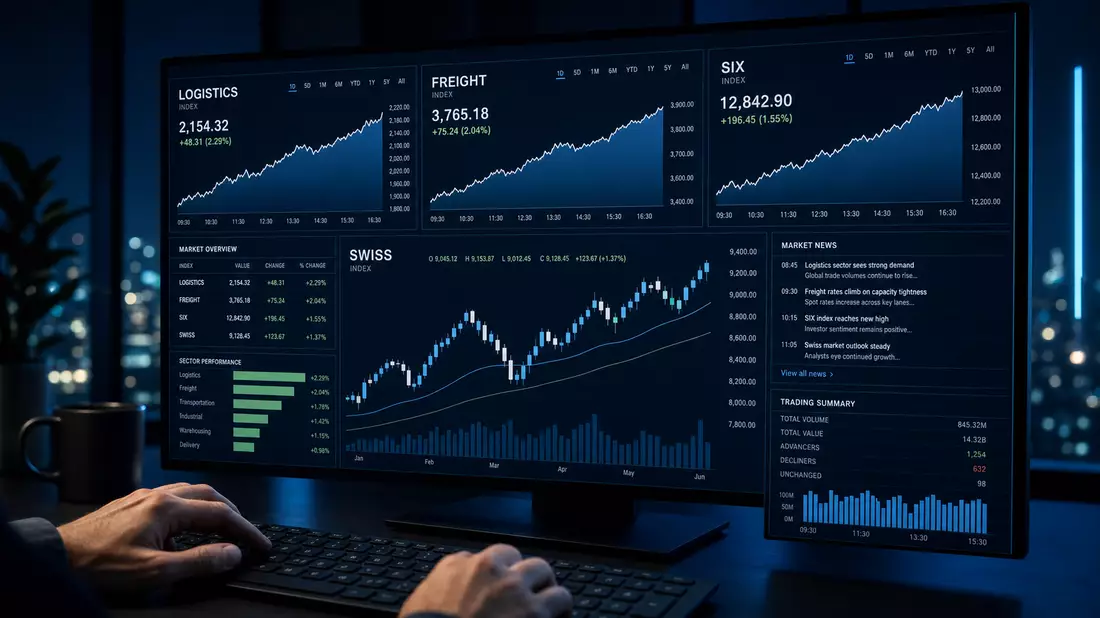 Editorial financial monitor displaying fictional LOGISTICS FREIGHT SIX SWISS dashboard with candlestick and line charts, cool blue screen glow, hands on keyboard