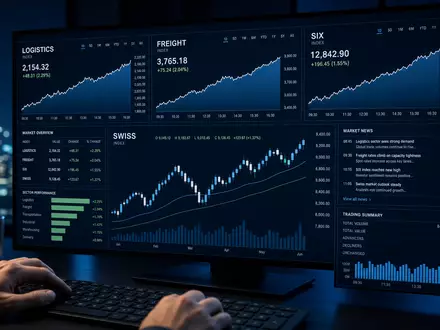 Kuehne Börse CH0025238863: Monitor zeigt fiktive Logistik-Indizes Freight und Swiss mit neutralen Charts - Foto: THN
