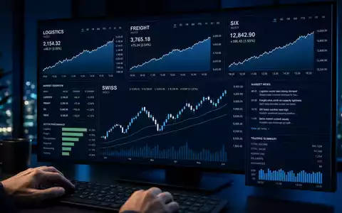 Kuehne Börse CH0025238863: Monitor zeigt fiktive Logistik-Indizes Freight und Swiss mit neutralen Charts - Foto: THN