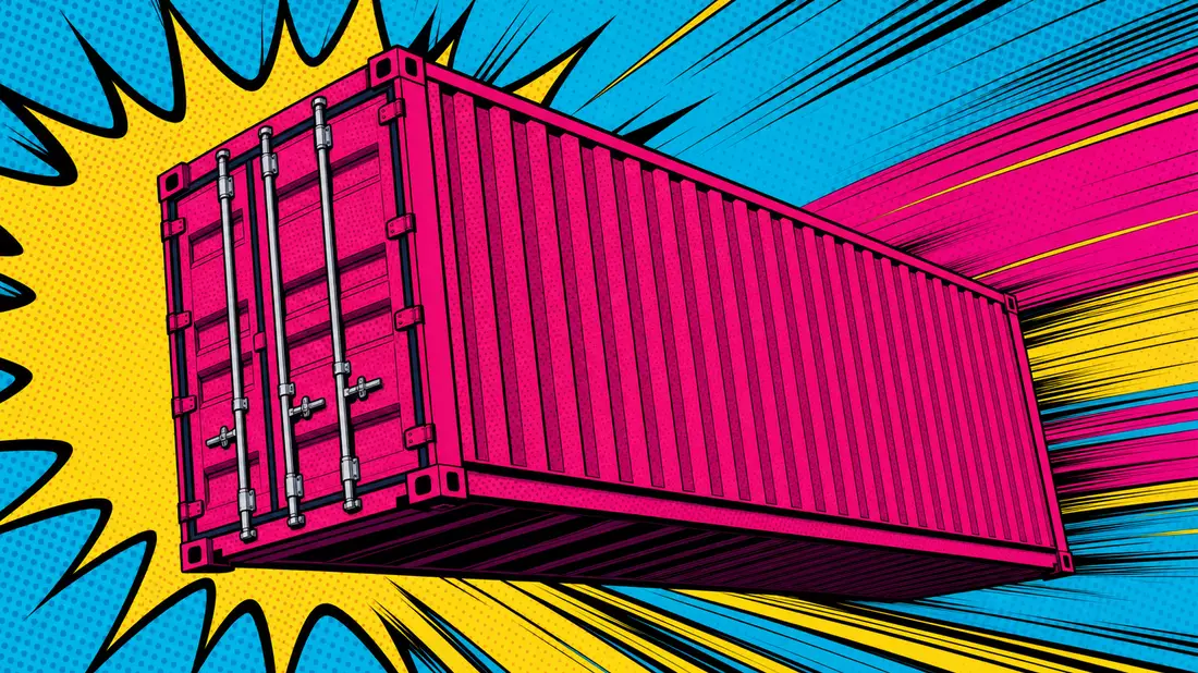 Pop art comic book shipping container in bold magenta with Ben-Day halftone dots, dramatic speed lin