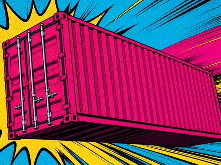 Kuehne Freight Comic CH0025238863: Pop-Art-Container in kräftigem Magenta mit Halftone-Punkten und Speed-Lines - Foto: THN