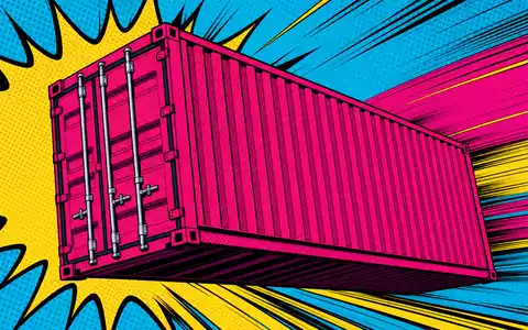 Kuehne Freight Comic CH0025238863: Pop-Art-Container in kräftigem Magenta mit Halftone-Punkten und Speed-Lines - Foto: THN