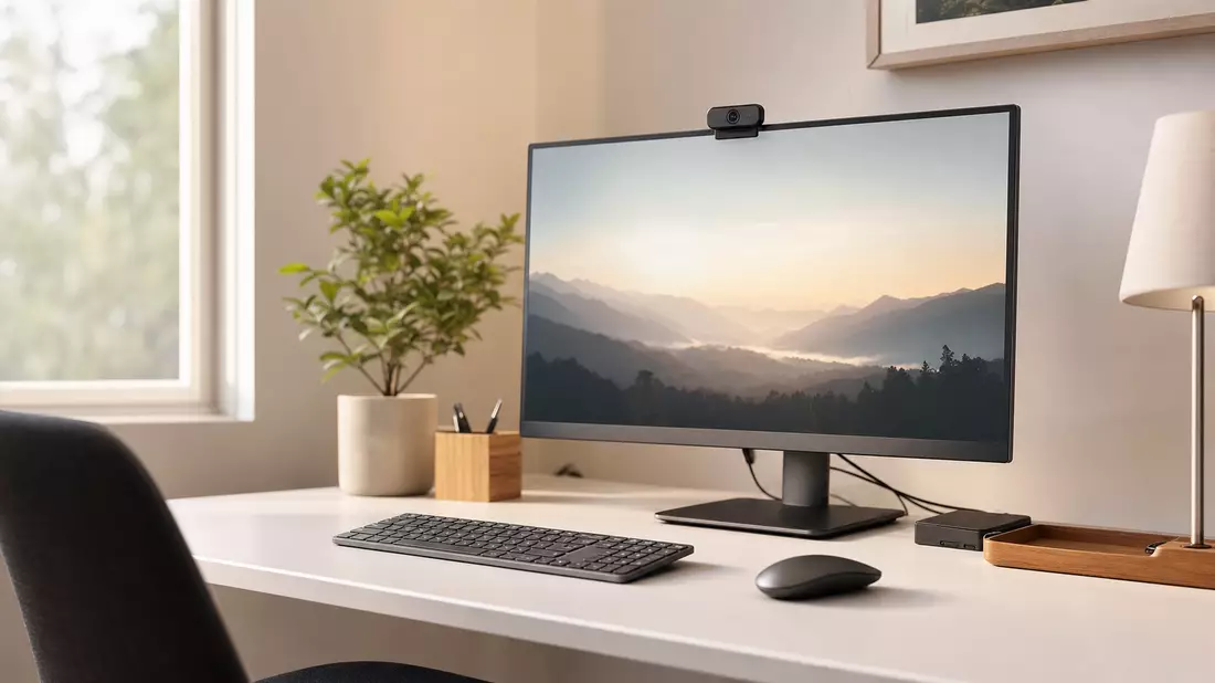 Photorealistic home office desk with an unbranded wireless keyboard, sleek mouse, webcam mounted on a widescreen monitor, soft window light, warm neutral tones, minimalist workspace setup