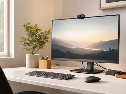 Logitech CH0025751329 zeigt aufgeräumten Home-Office-Schreibtisch mit Tastatur, Maus, Webcam und großem Monitor - Foto: THN