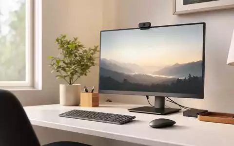 Logitech CH0025751329 zeigt aufgeräumten Home-Office-Schreibtisch mit Tastatur, Maus, Webcam und großem Monitor - Foto: THN