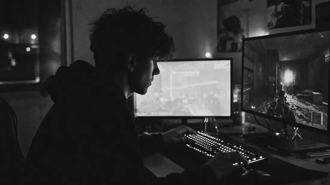 Black and white documentary photograph of a gamer at a dual-monitor desk, mechanical keyboard glowing in grayscale, deep shadows and film grain, intense focus, journalistic reportage aesthetic