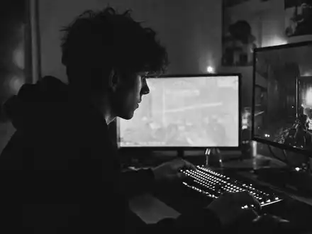 Logitech CH0025751329 – Gamer am RGB-Setup, dokumentarische Schwarzweiß-Aufnahme mit starkem dramatischem Kontrast - Foto: THN