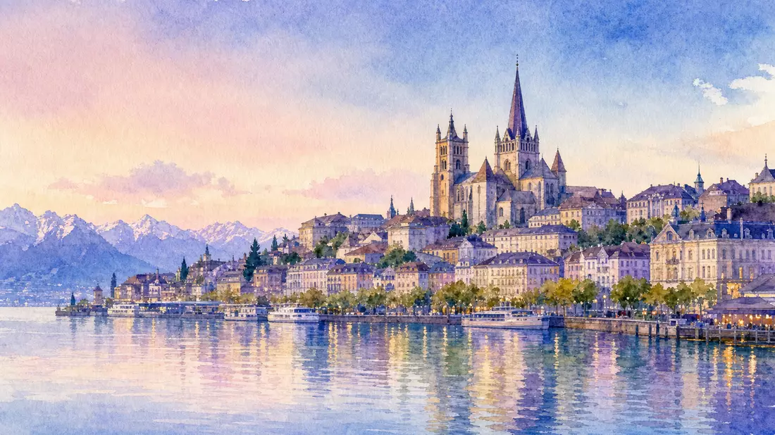 Watercolor painting of Lausanne cityscape on Lake Geneva, soft pastel lavender and gold tones, cathe