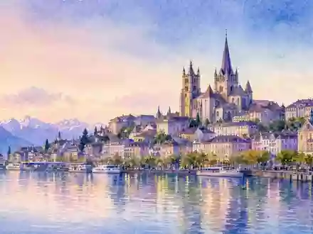Logitech CH0025751329 – Lausanne am Genfer See als Aquarell mit Stadtsilhouette in weichen Pastelltönen - Foto: THN