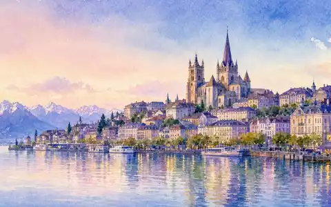 Logitech CH0025751329 – Lausanne am Genfer See als Aquarell mit Stadtsilhouette in weichen Pastelltönen. - Foto: THN