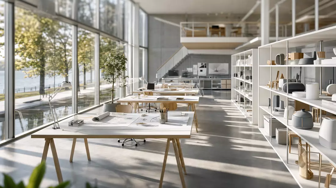 Modern technology design studio interior with floor-to-ceiling glass walls, open plan workspace, pro