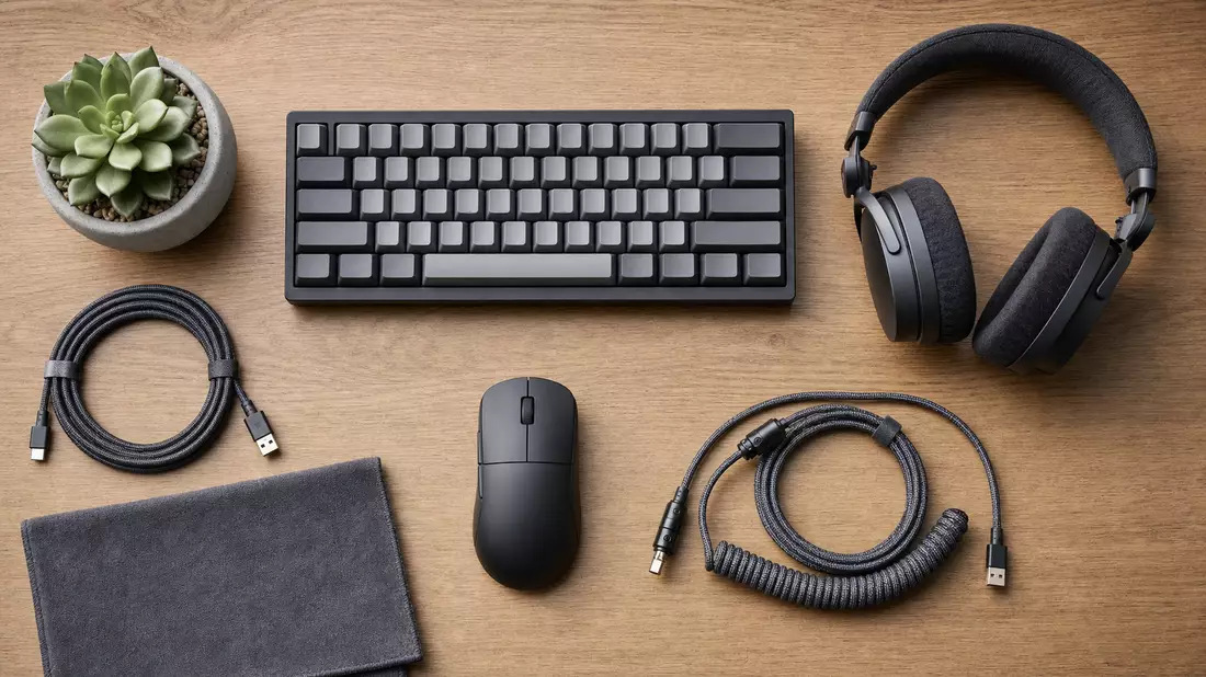 Overhead flat lay of unbranded computer peripherals on natural oak wood: wireless mouse, tenkeyless 
