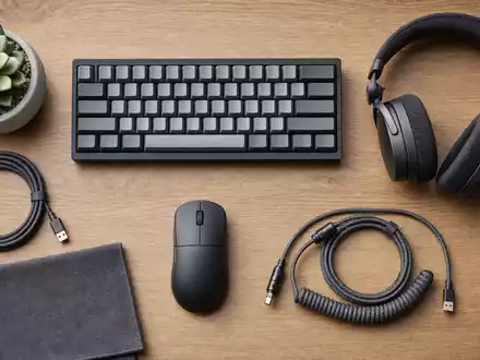 Logitech CH0025751329 – Peripherie-Flatlay: neutrale Maus, mechanische Tastatur, Headset und Kabel auf Holz - Foto: THN