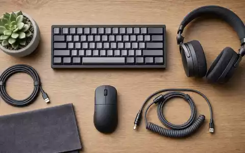 Logitech CH0025751329 – Peripherie-Flatlay: neutrale Maus, mechanische Tastatur, Headset und Kabel auf Holz - Foto: THN