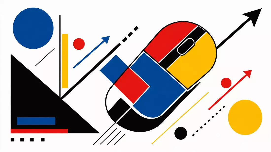 Bauhaus style poster with geometric abstraction of a computer mouse, bold primary colors red yellow blue and black, thick outlines, flat 2D shapes with diagonal arrows, Swiss International Style influence, stark white background, 1920s graphic design aest