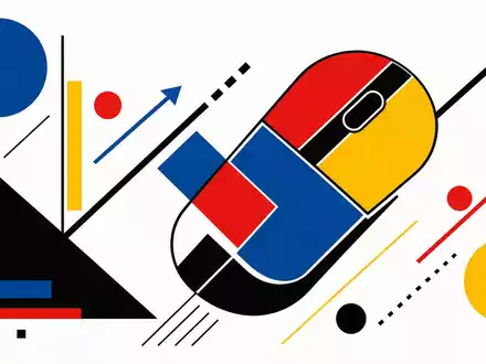 Logitech CH0025751329 – Bauhaus-Poster: geometrische Maus-Form mit Primärfarben, Pfeilen und klarer grafischer Komposition - Foto: THN