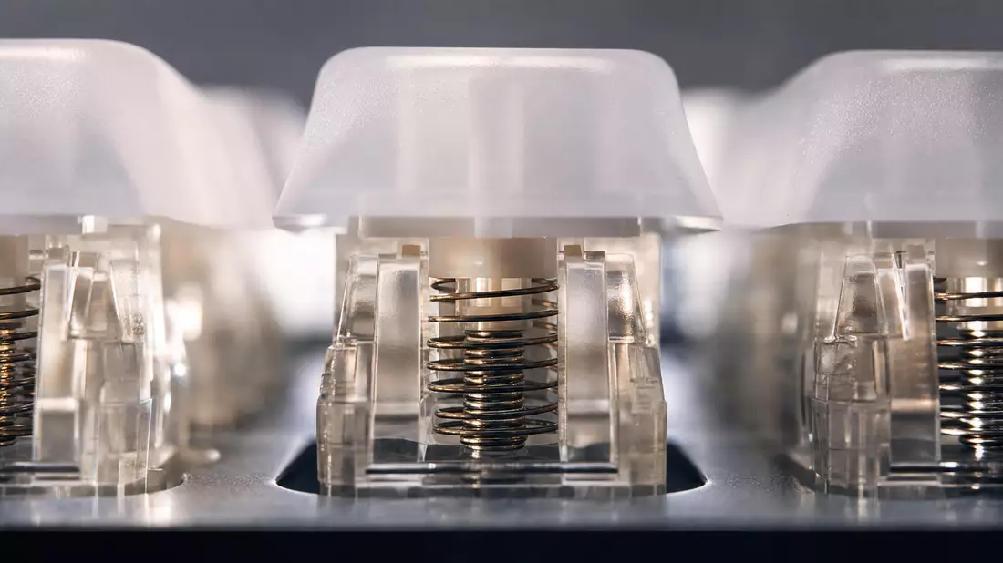 Extreme macro photograph of mechanical keyboard switches showing translucent plastic housings and coil springs, dramatic side lighting with sharp shadows, depth of field gradient blurring background switches, microscopic detail, cool neutral tones