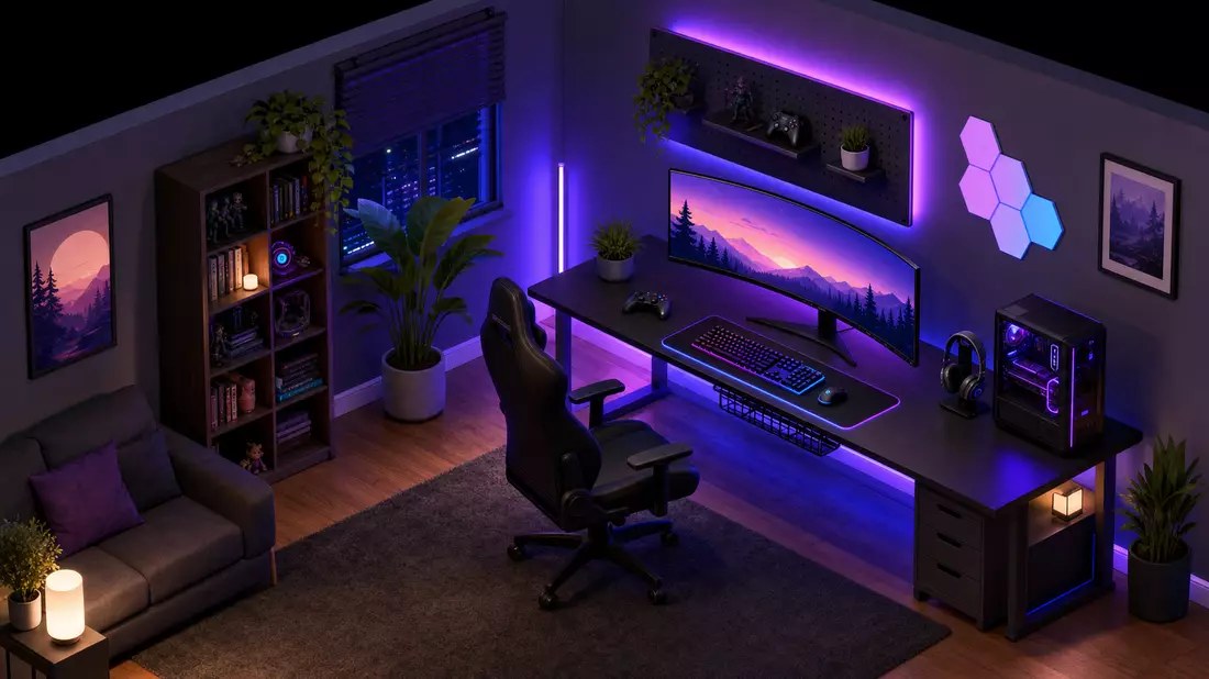 Isometric 3D illustration of a gaming room with ergonomic chair, curved monitor, mechanical keyboard, mouse, RGB LED underglow in purple and blue, bookshelf, potted plant, game controller, cozy gaming den atmosphere from 45-degree angle